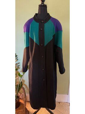 Vintage 80's Komitor Color Block Wool Blend Long Coat Teal Black Purple 2XL